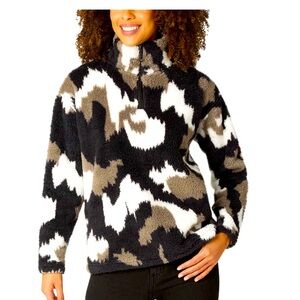Eddie Bauer Women’s S 1/4 Zip Ultrasoft Fleece Plush Cow Print Fluffy